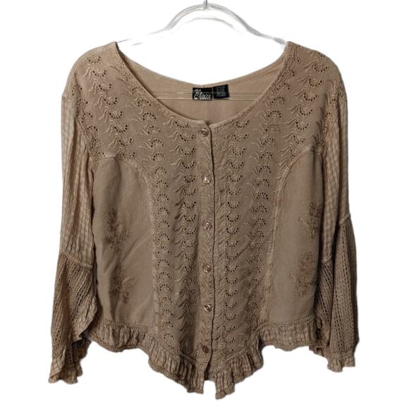 Vintage Y2K Boho Peasant Blouse Tan Eyelet Tie Back Flutter Sleeve Romantic Top - Picture 1 of 10